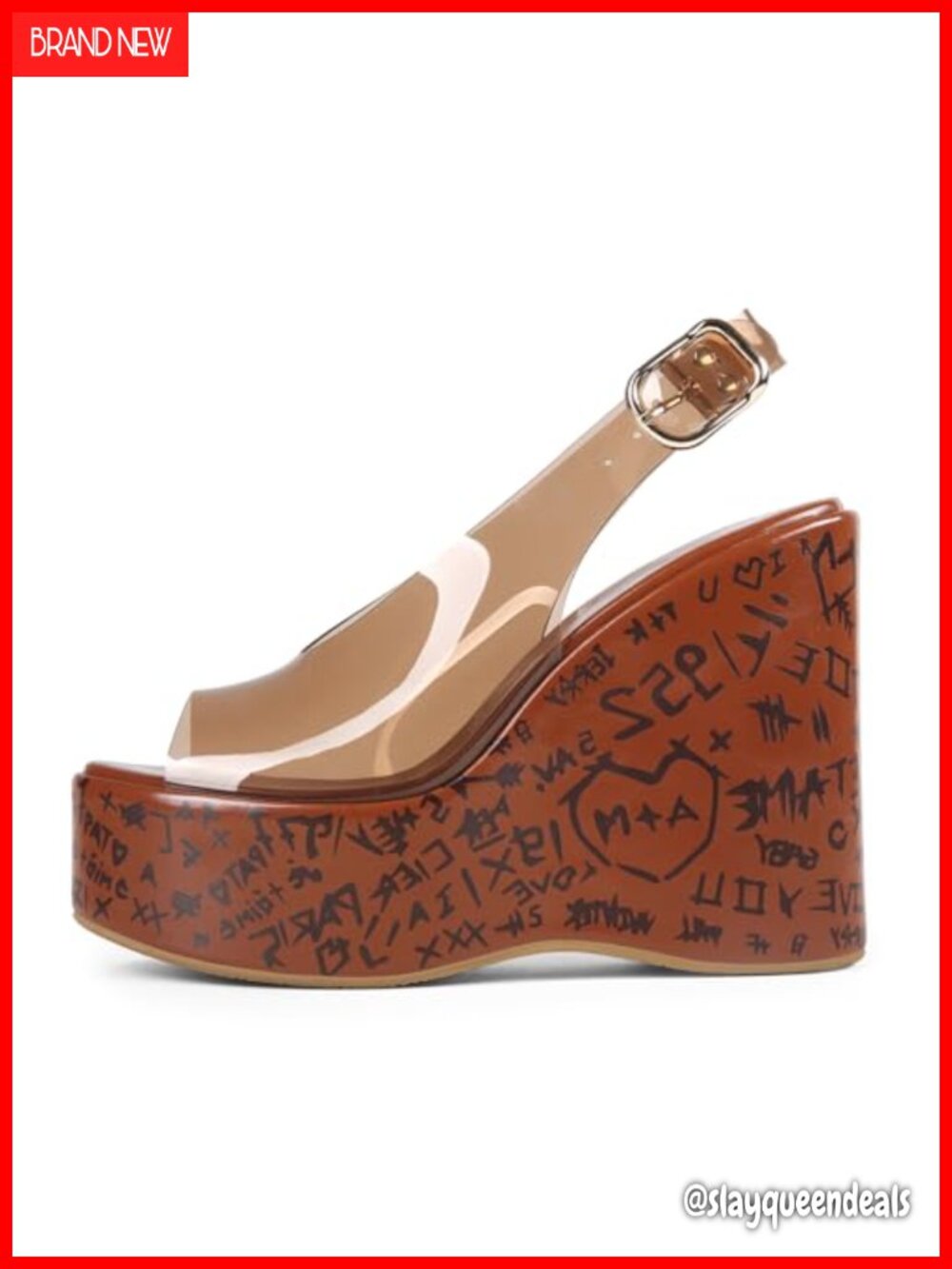 Womens Clear Strap Brown Graffiti Platform Wedge Sandals